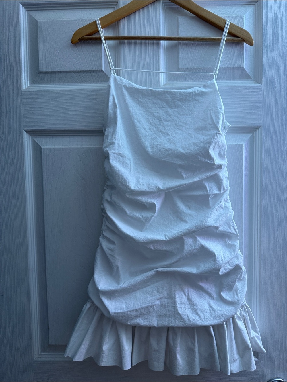 Mango White Ruched Slip Dress with Ruffle Hem